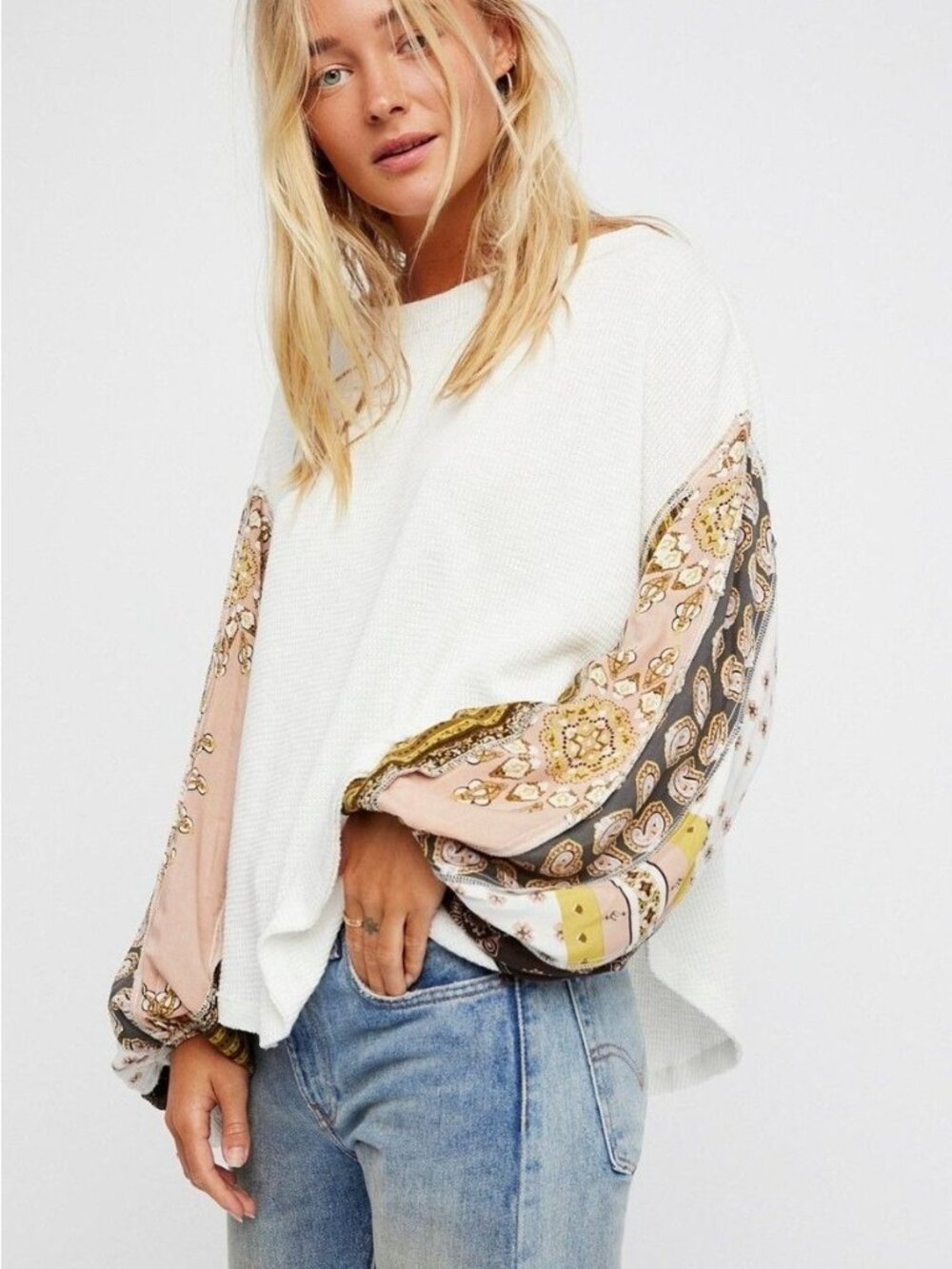 Free People Blosson Thermal Top Paisley Balloon Sleeves S Oversized
